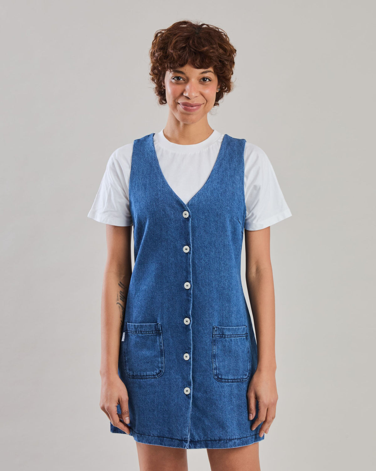 Washed Denim Short Dress Blue