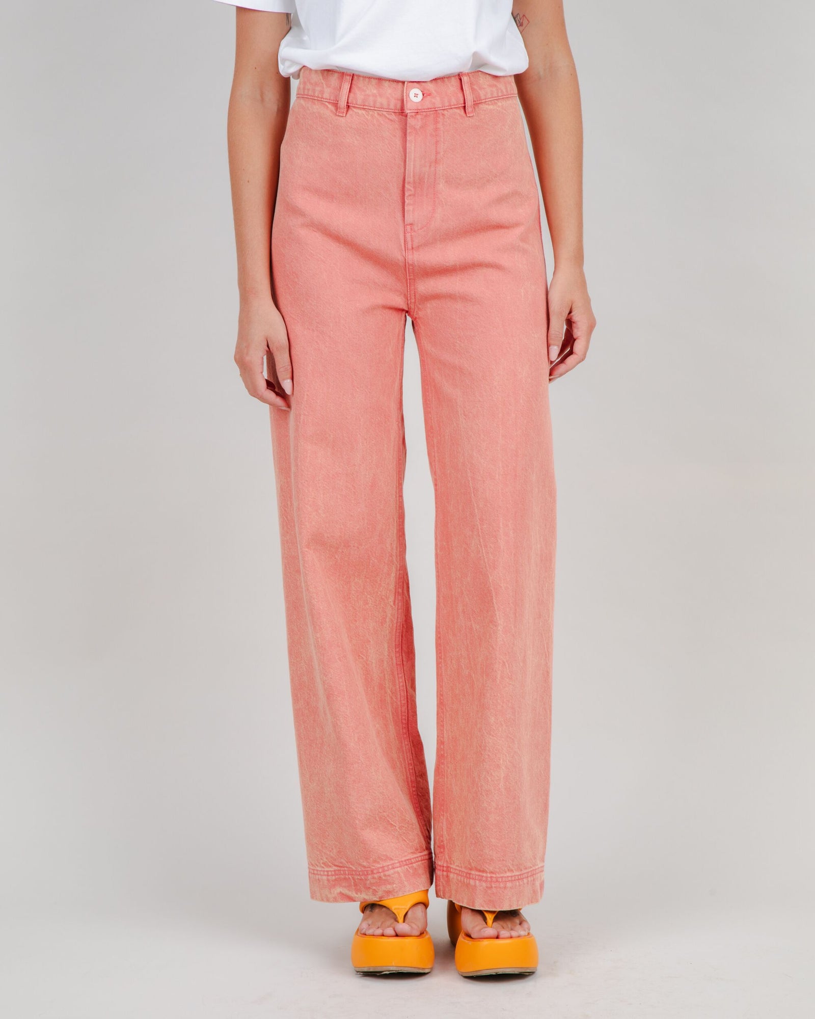 Washed Denim Straight Leg Pants Pink